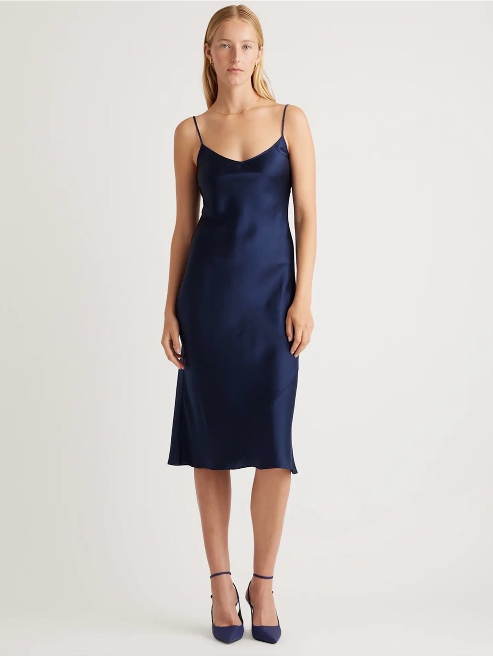 Quince Women’s Navy Blue Washable Silk Slip Spaghetti Straps Midi Dress Sz L